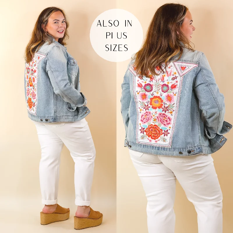 Prime Time Floral Embroidered Denim Jacket in Light Wash