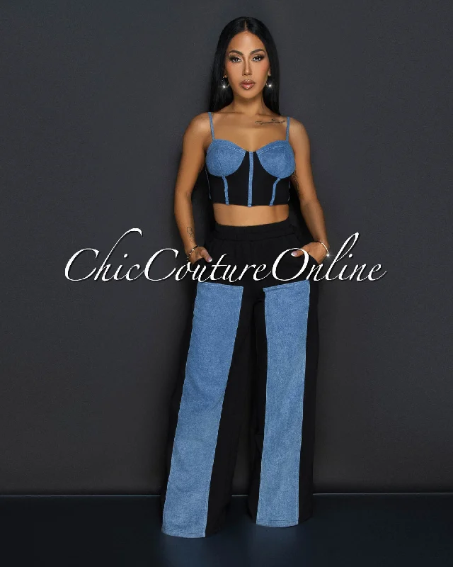 Asher Black Denim Bustier & Wide Legs Pants Set