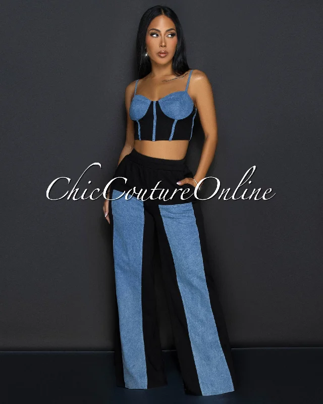 asher-black-denim-bustier-wide-legs-pants-set