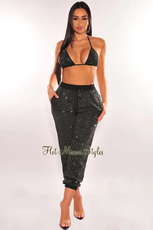 Black Silver Rhinestone Halter Triangle Top Jogger Pants Two Piece Set