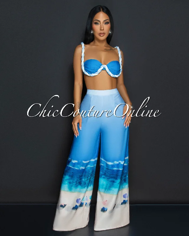 Cielo Blue White Bustier & Wide Legs Pants Set