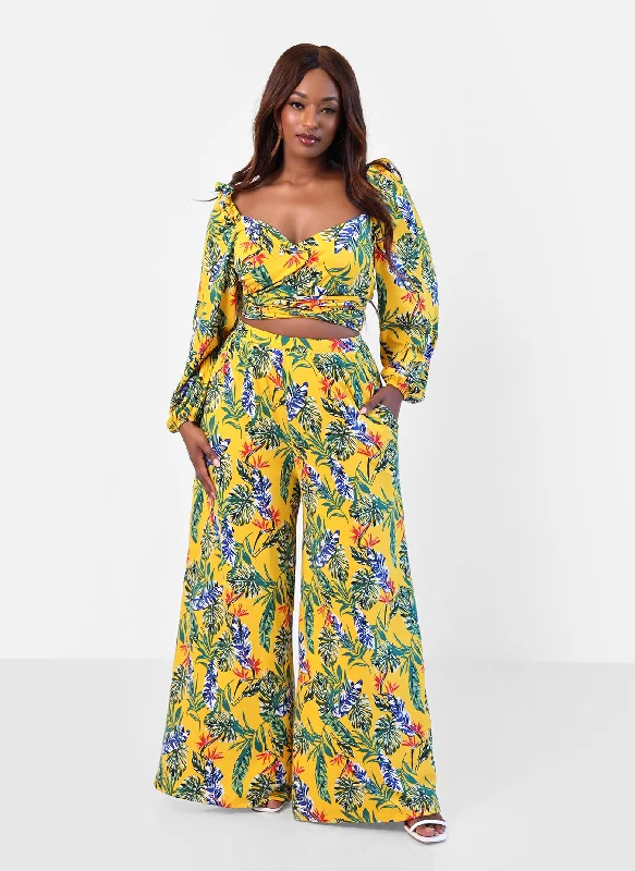 Destiny Tropical Print Wide Leg Pants w. Pockets