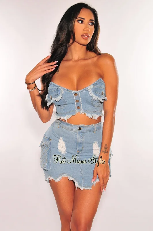 Light Denim Strapless Distressed Cargo Skirt Two Piece Set