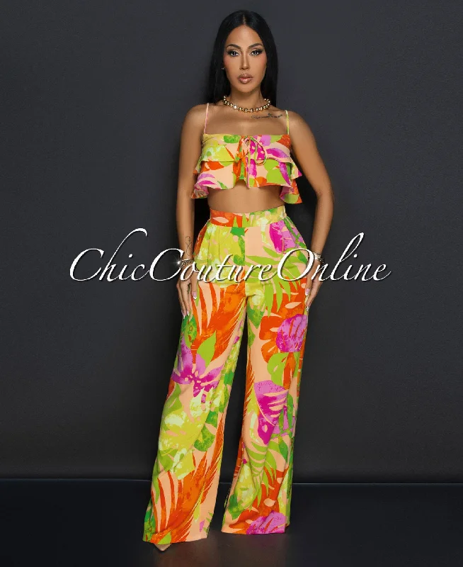 Nikolet Multi-Color Ruffle Crop Top & Pants Set