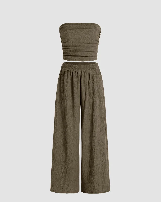 Off Shoulder Crop Top And Wide Leg Pant In Dark Grey