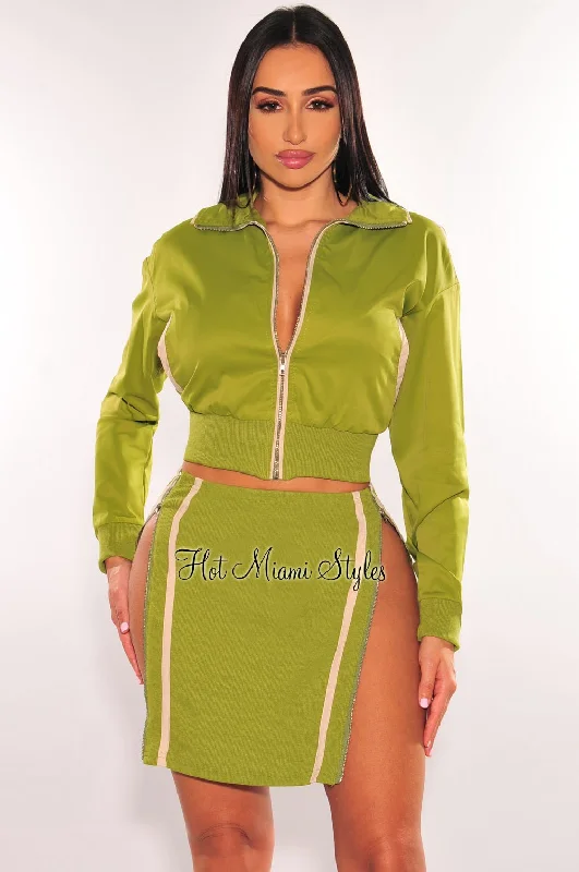 Olive Nude Varsity Jacket Zipper Mini Skirt Two Piece Set