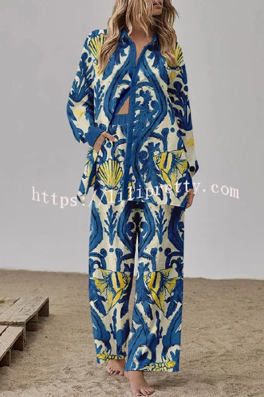 Painted Goldfish Print Buttoned Elastic Waist Pocket Pants Suit