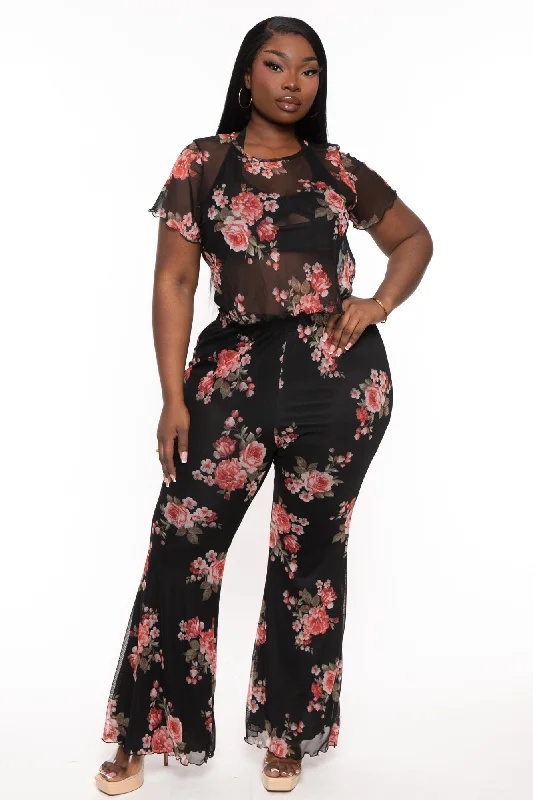 Plus Size Kelly Mesh Top And Pant Set -Black