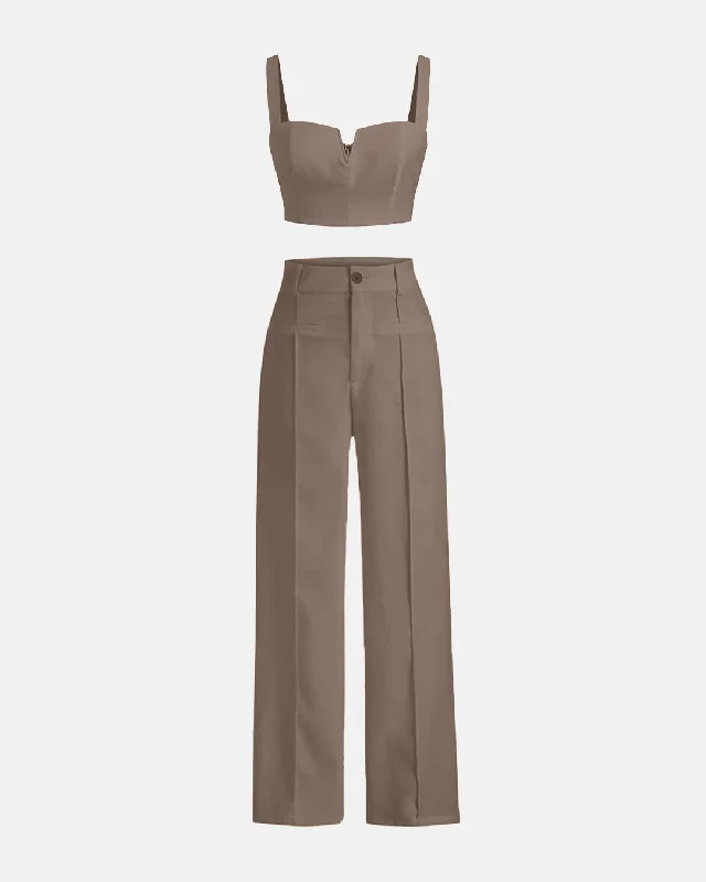 Two Piece Set: Aesthetics Top With Trouser In Light Brown