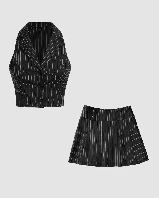 Two Piece Set Of Qutie Vertical Striped Waistcoat & Pleated Skirt