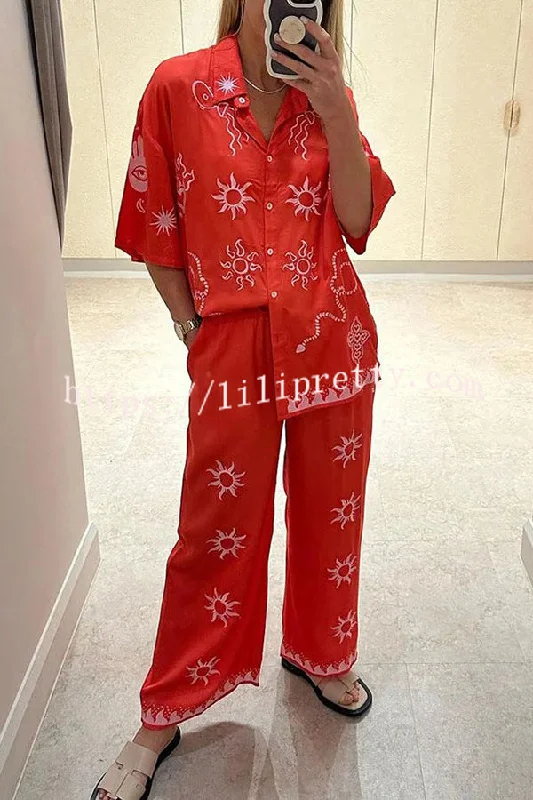 Lilipretty Unique Sun Print Buttoned Elastic Waist Pocket Pants Set