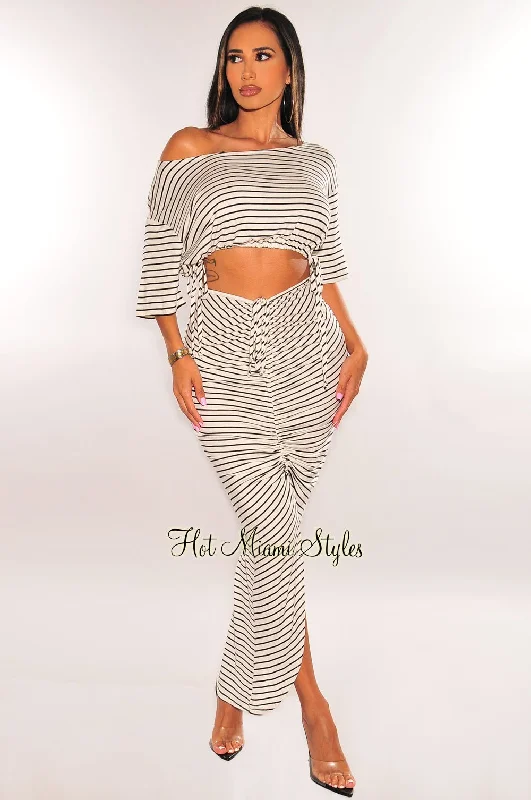 White Black Striped Drawstring Ruched Slit Skirt Two Piece Set