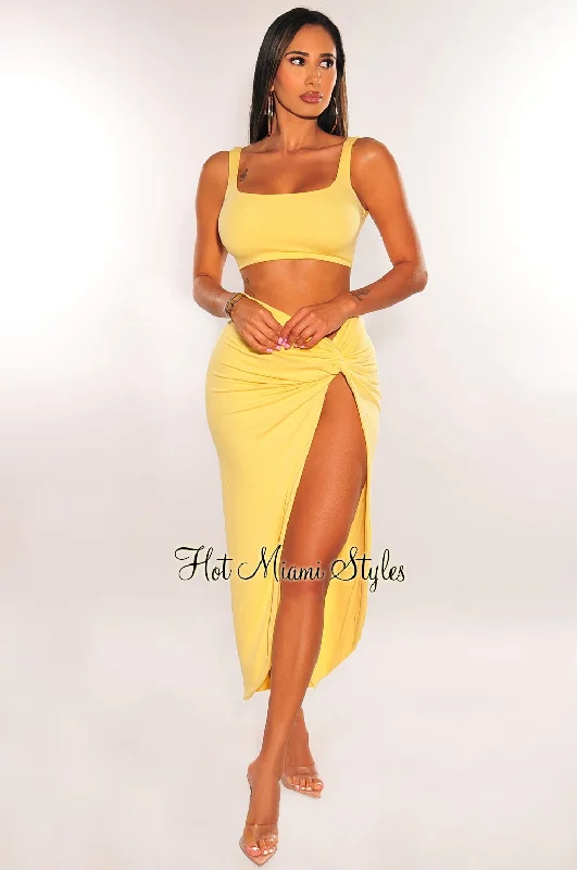 Yellow Double Lined Tank Knotted Slit Maxi Skirt Two Piece Set