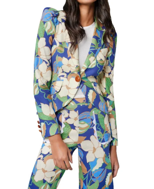 Pouf Sleeve One Button Blazer In Blue Cabana