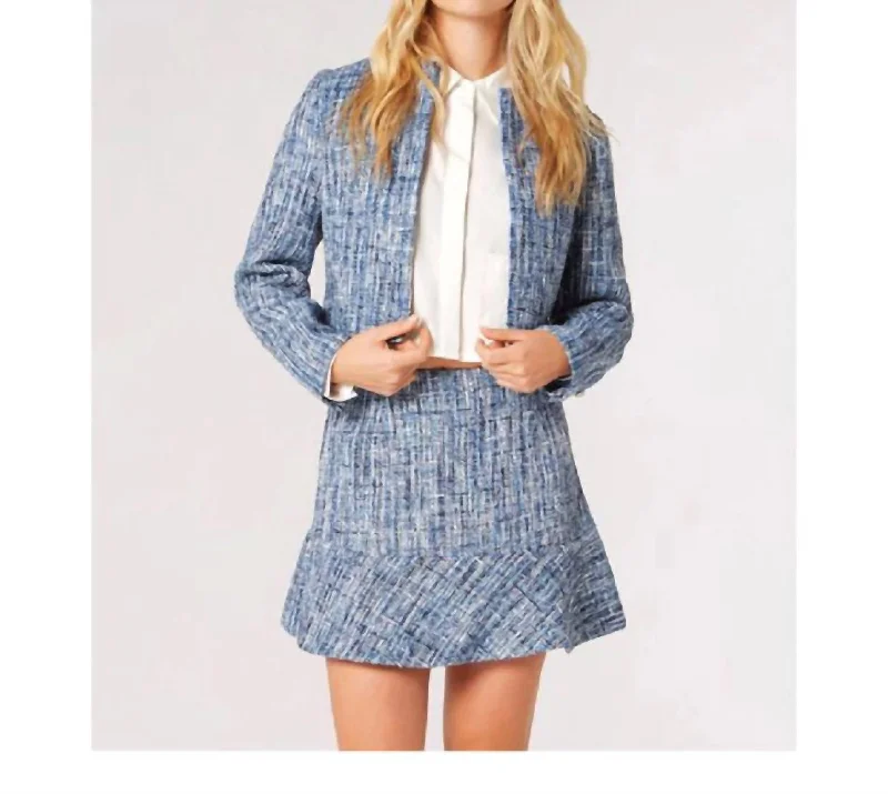 Textured Tweed Collarless Blazer In Blue