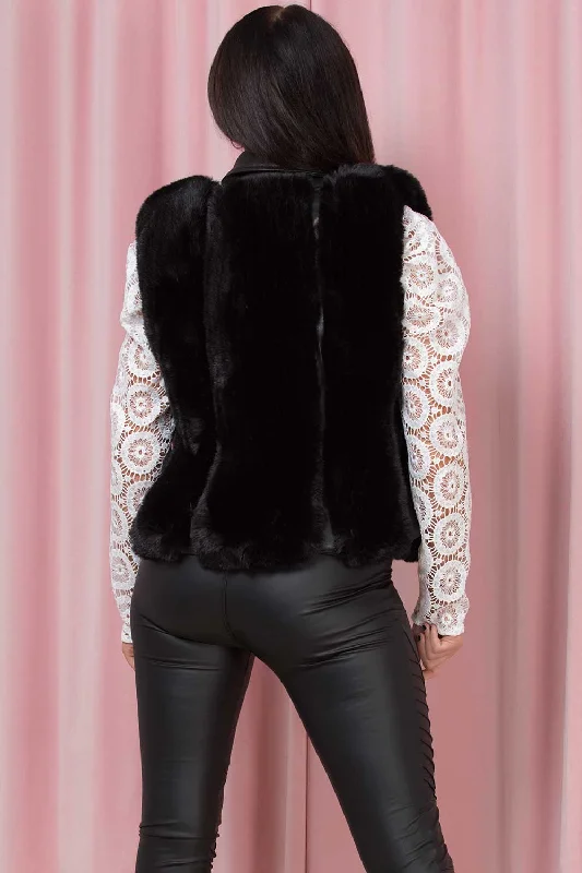 Black Faux Fur Faux Leather Gilet With Pocket Detail