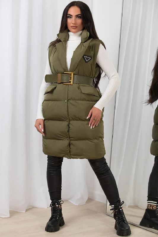 Khaki Long Puffer Gilet With Lapel Collar & Belt