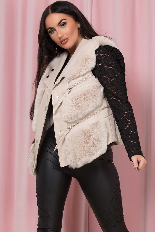 Faux Fur Faux Leather Gilet Cream