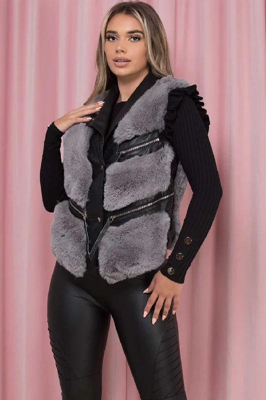 Faux Fur Faux Leather Gilet Grey