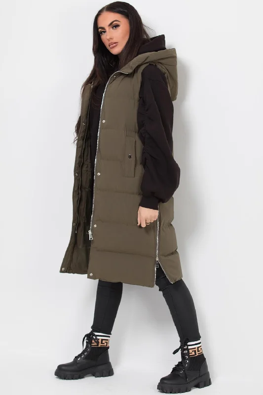 Longline Hooded Gilet Khaki