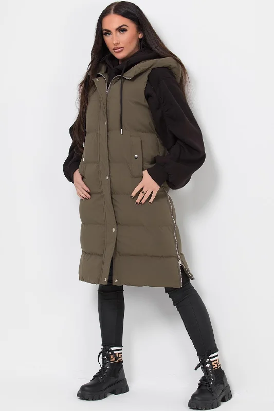 Longline Hooded Gilet Khaki