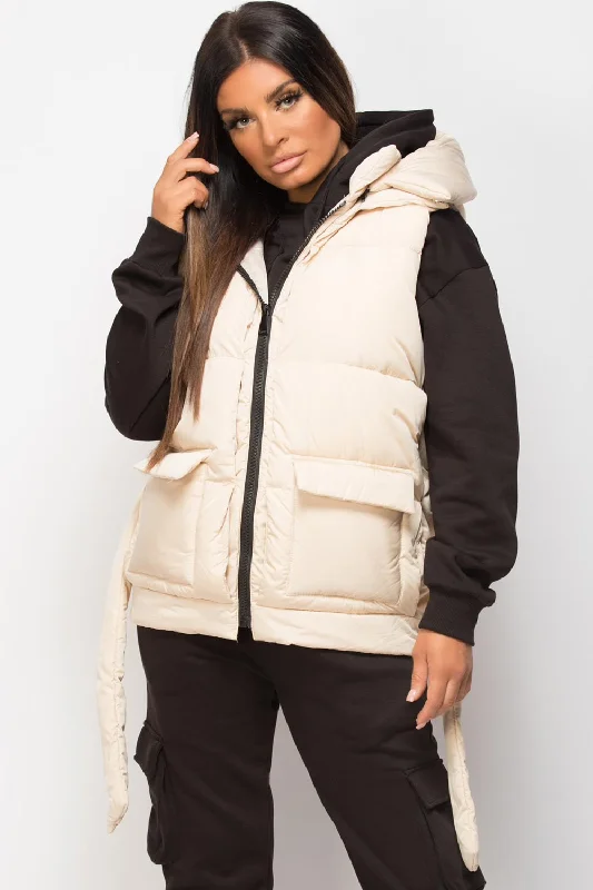 Padded Gilet With Belt And Detachable Hood Beige