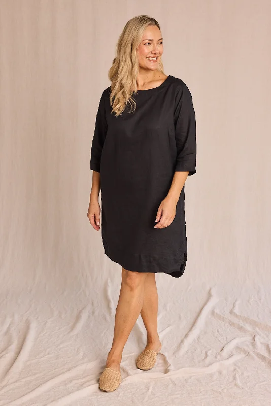 Boatneck Linen Shift Dress in Black