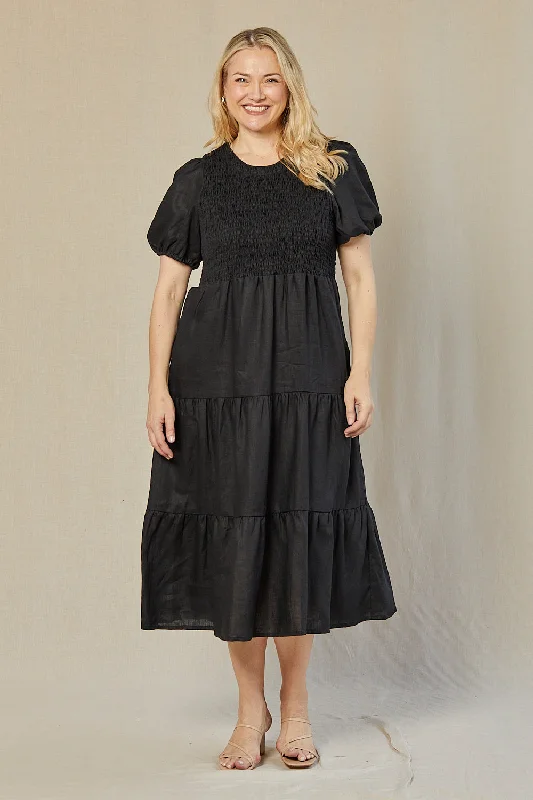 Minden Linen Shirred Short Sleeve Dress in Black