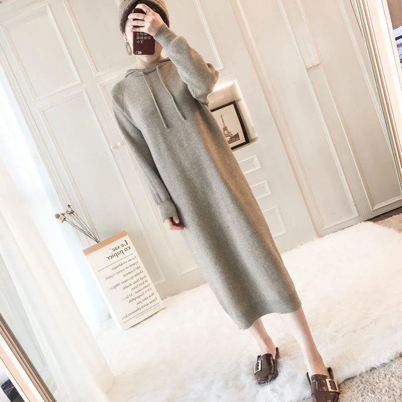 NiDELL . Autumn and Winter Clothing Overknee Dress Thickened Knitting Dress Women's Mid-Length Hooded Pullover Loose Sweater Women