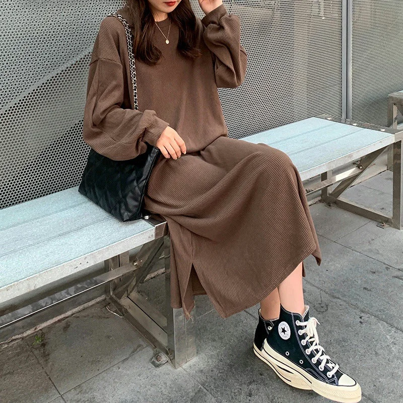 NiDELL Autumn and Winter Long Loose plus Size below the Knee Fleece-Lined Thick Corduroy Dress Fashionable All-Match Casual Korean Style .