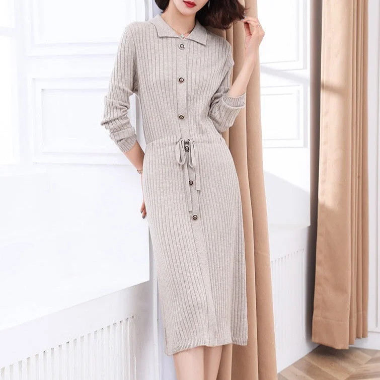 NiDELL . Autumn New Knitted Dress Tight Waist Long Skirt Slimming Lightly Mature Temperament Mid-Length Sweater for Women