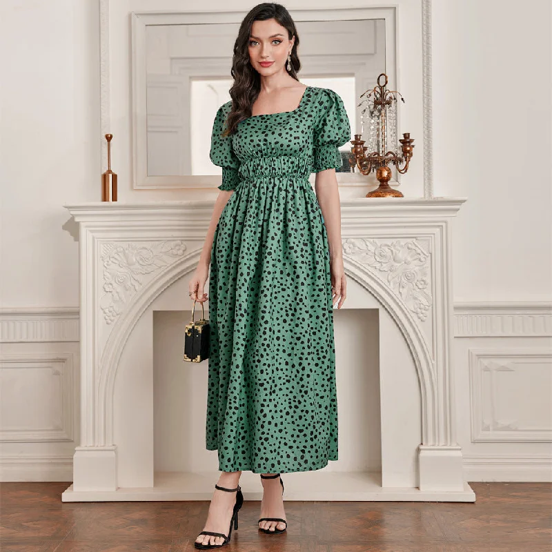 NiDELL FC-23005 European and American Women's Clothing Fashionable Elegant Square Collar Puff Sleeve High Waist Dress in Stock