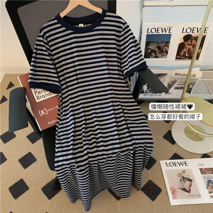 NiDELL French Simplicity Casual Korean Style Short Sleeve Hollow-out Spliced Striped Dress Women Summer Loose Temperament Overknee Dress