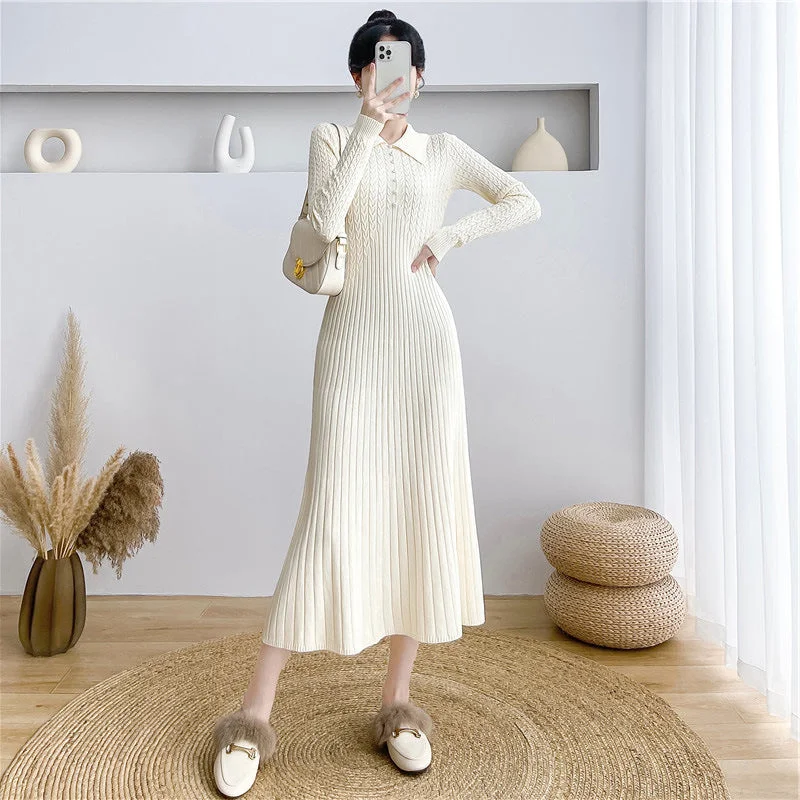 NiDELL French Style Knitted Dress . New Autumn High-Grade Waist Slimming Temperament High Waist Woolen Skirt A- Line Skirt