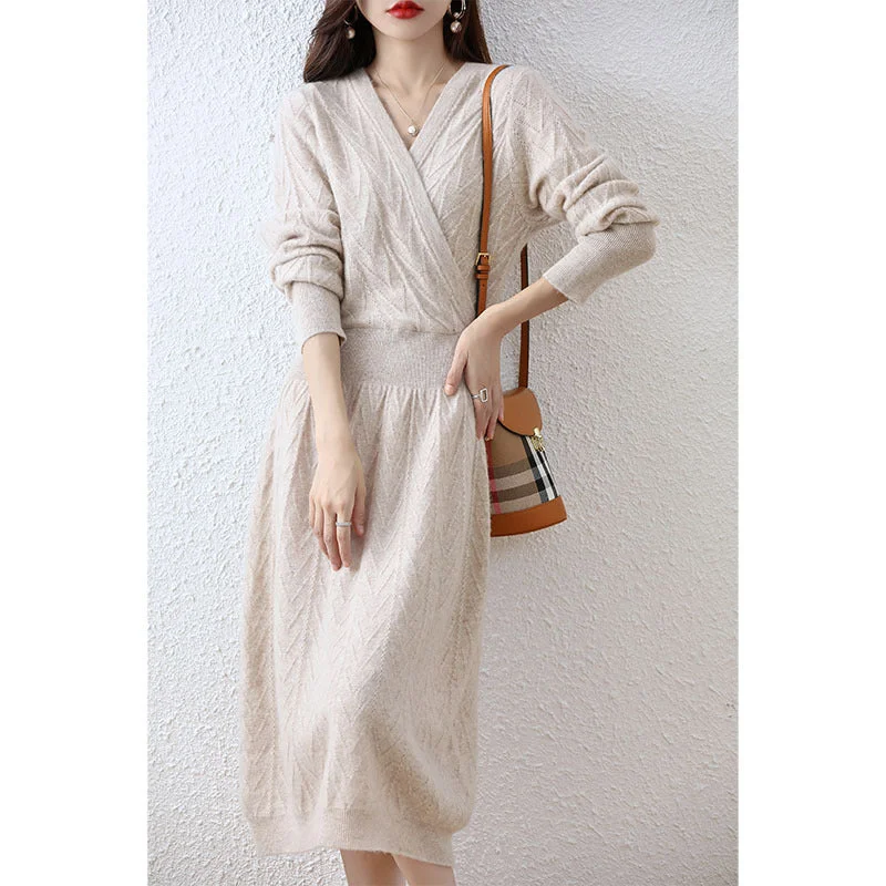 NiDELL French Style Knitted Dress . New Autumn Wear Mid-Length Korean Style High Waist Slimming High Sense Sweater Long Dress Women