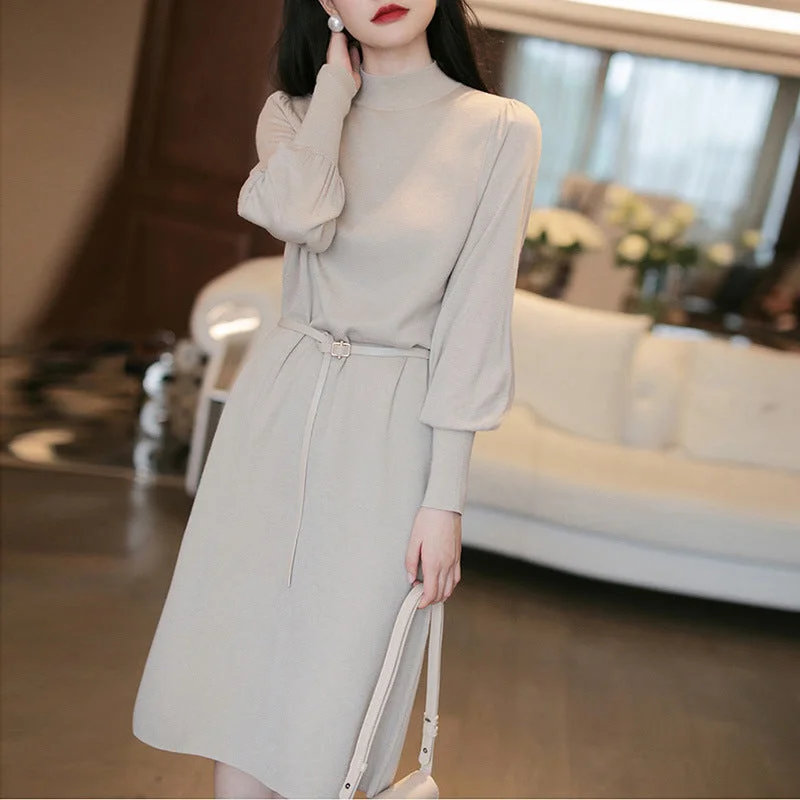 NiDELL Korean Dongdaemun Women's Clothing . New Autumn and Winter Knitting Dress Mid-Length Bottoming Slimming Sweater Long Skirt