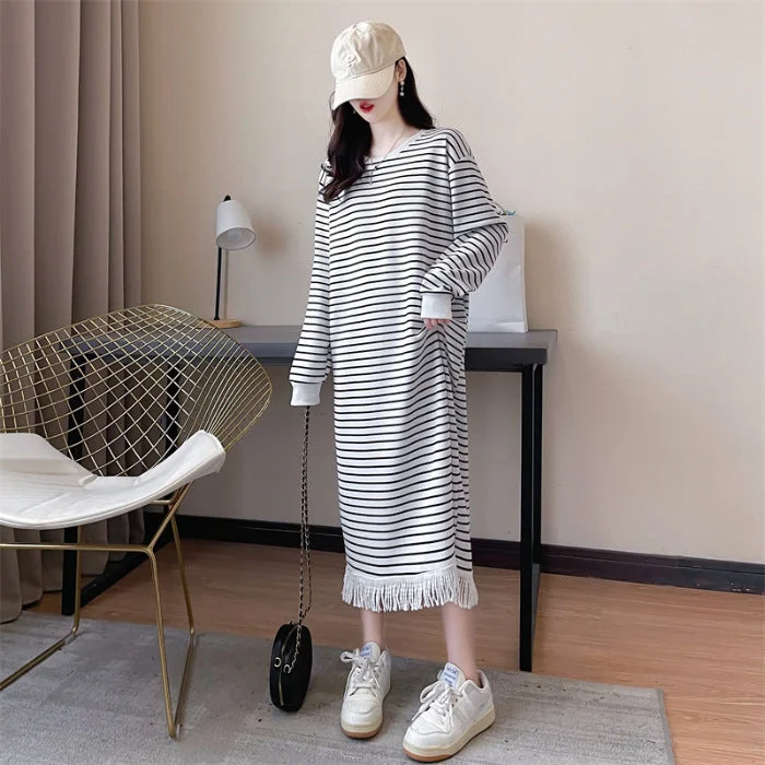 NiDELL Korean New Early Autumn Striped Casual Dress Women's Spring and Autumn Long Sleeve Loose T-shirt Skirt Tassel Small Dress