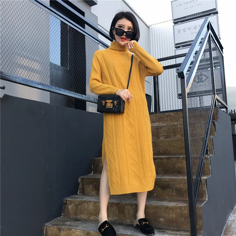 NiDELL Korean Style Sweater . Autumn and Winter New Knitwear Women's Loose Mid-Length Split Turtleneck Pullover Coat