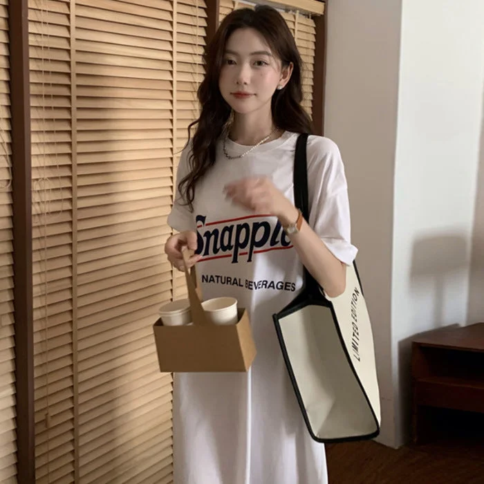 NiDELL Korean Summer Loose Homewear Idle Style round Neck Letter Print Long Cotton T-shirt Casual Dress Fashion