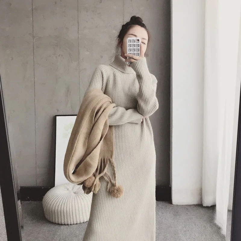 NiDELL . New Women's Knitted Dress Women's Autumn and Winter Clothing Long Sleeve Inner Wear Bottoming Skirt Mid-Length Turtleneck Sweater Women