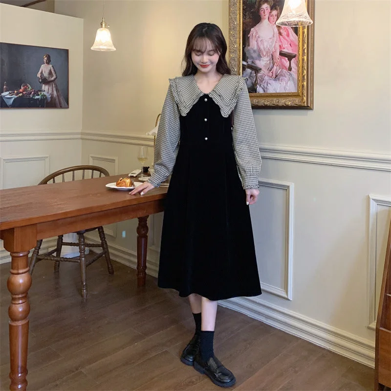 NiDELL Plus Size Lapels Puff Sleeve Plaid Stitching Black Mid-Length Dress Women's Fat Sister Design Sense Niche Skirt