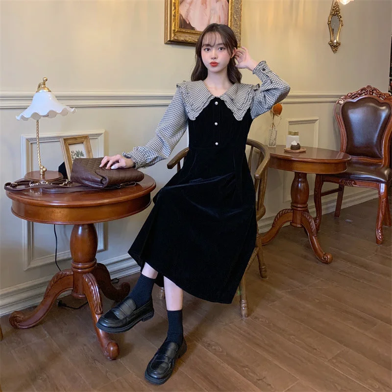 NiDELL Plus Size Lapels Puff Sleeve Plaid Stitching Black Mid-Length Dress Women's Fat Sister Design Sense Niche Skirt