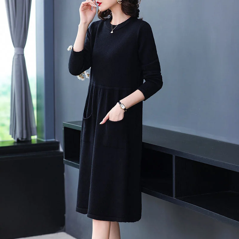 NiDELL Retro Woolen Skirt Women's Mid-Length Bottoming Shirt . New Slimming Knitted Dress over the Knee Autumn and Winter Clothing