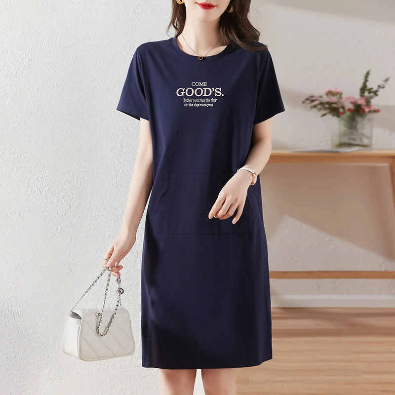 NiDELL round Neck Summer Dress . New Women's Sweater Dress Loose Leisure Sports Mid-Length Fashion Straight Dress