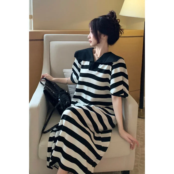 NiDELL Summer Korean Style Striped Style with Pockets Sailor Collar Short Sleeve T-shirt Long Dress Dress Design Puff Sleeve Long Dress