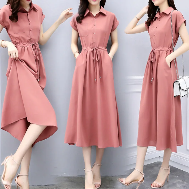 NiDELL . Summer New Elegant Short Sleeve Mid-Length Waist Trimming Loose Slimming Elastic Waist Dress in Stock