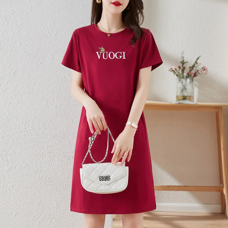 NiDELL Summer New Mid-Length round Neck Short Sleeve Dress Wine Red Sweater Dress . Slim Slimming Sports Dress