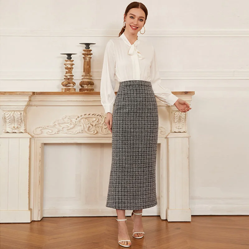 NiDELL TY-262-1 Fashion . Spring and Summer New European and American Women's Clothing High Waist Skirt Knitted Plaid Long Skirt in Stock