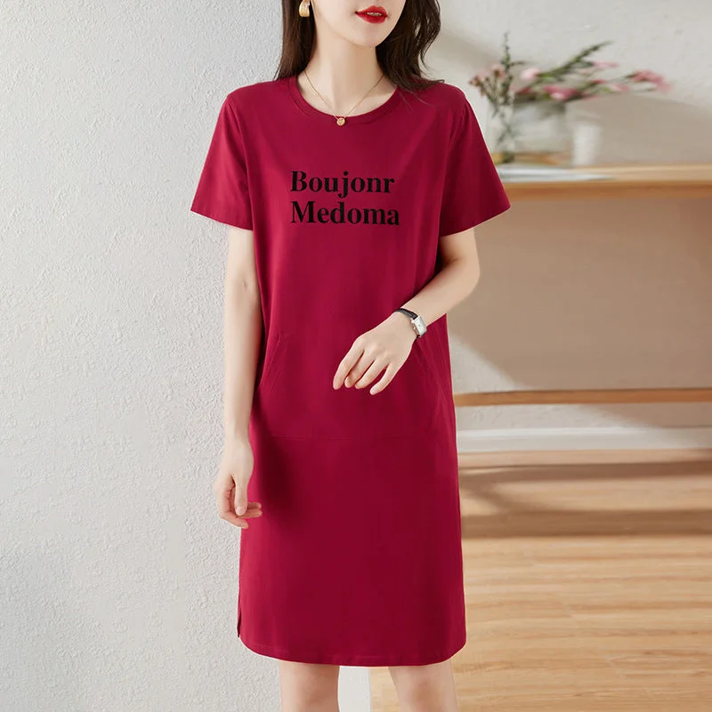 NiDELL Wine Red round Neck Mid-Length Dress . Summer New Sports Casual T-shirt Skirt High Slim-Looking T-shirt Skirt