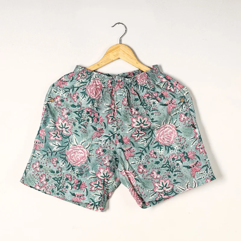 Green - Sanganeri Block Printed Cotton Unisex Boxer/Shorts